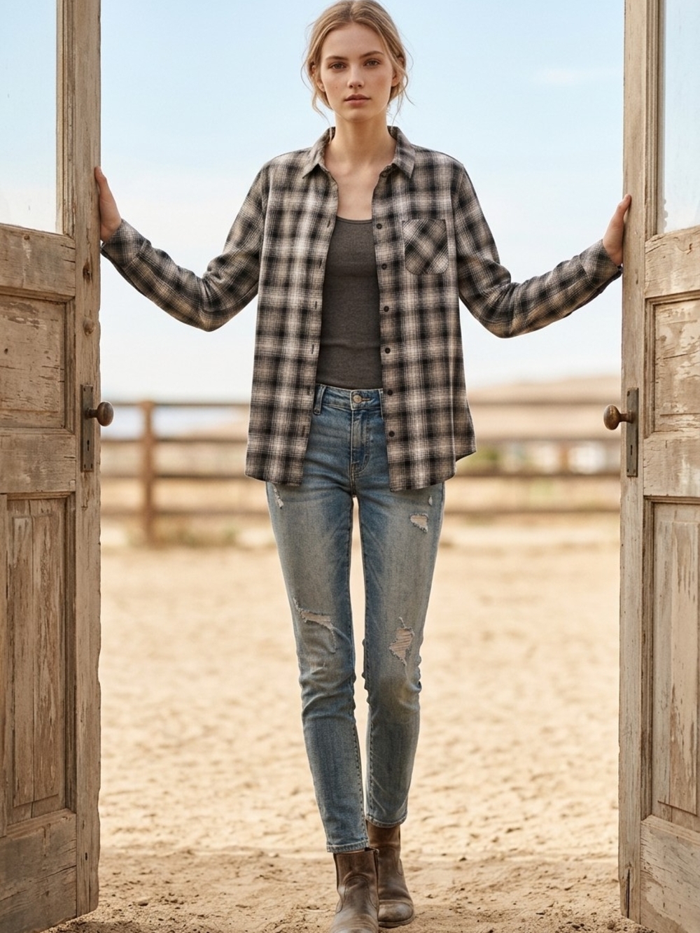 NWT Eddie Bauer Black and White Plaid Flannel Shirt sz S